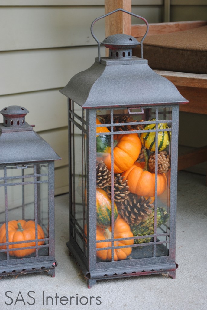 Lantern With Pinecones And Pumpkins