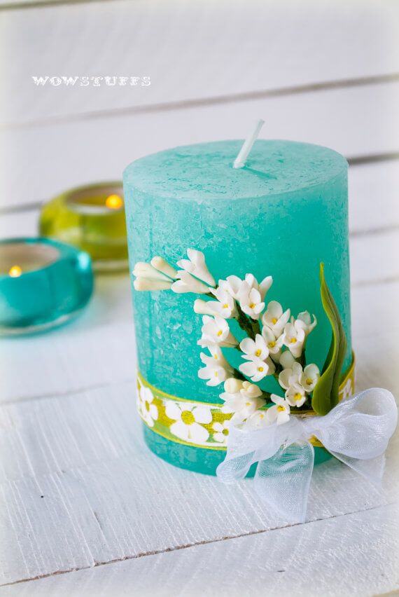 Faux Flowers and Ribbon Decorated Candle