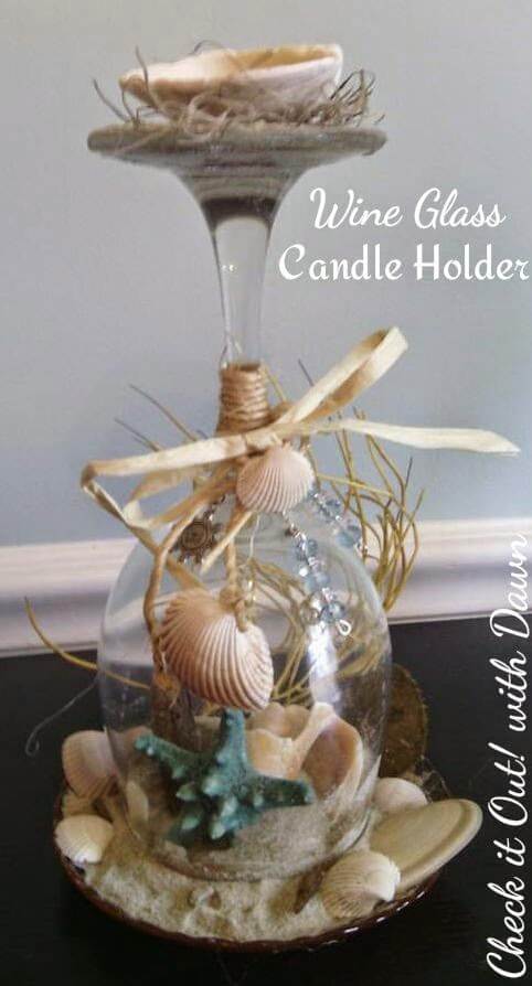 Beachy Wine Glass Candle Holder