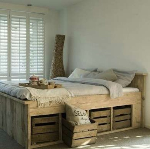 Rustic Storage Projects, Vintage Looking Wooden Framed Bed With Storage Crates