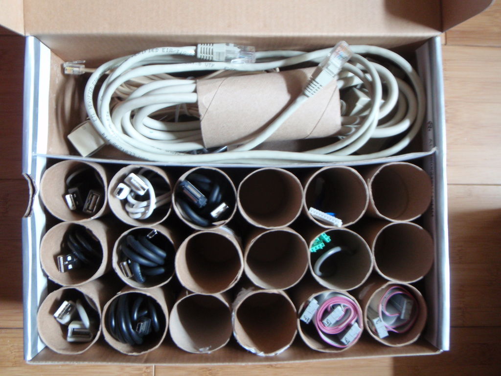 cord organizer made with toilet paper roll