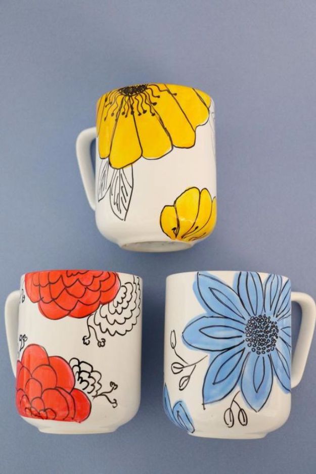 Hand-Drawn Flowers On DIY Coffee Mugs