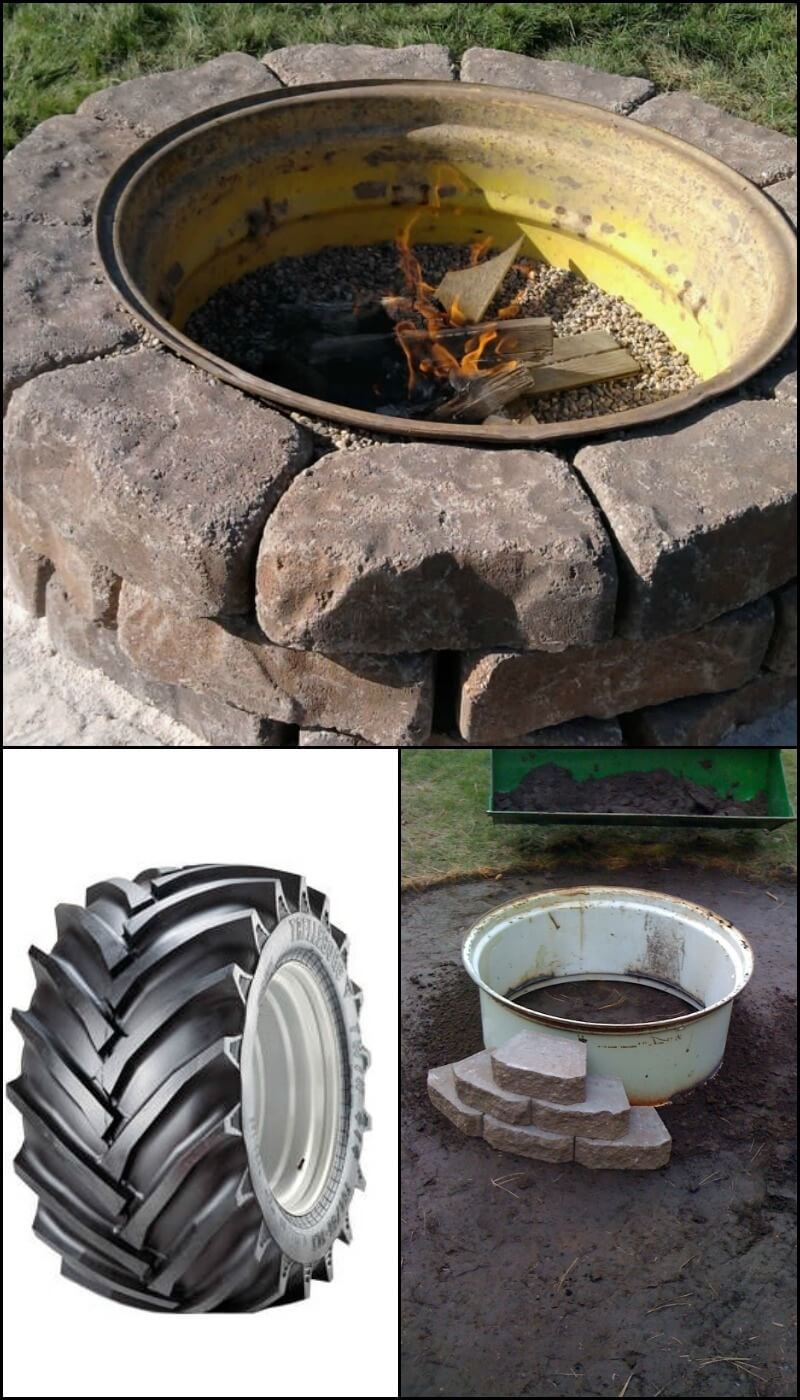 Upcycled Truck Wheel and Stone Firepit