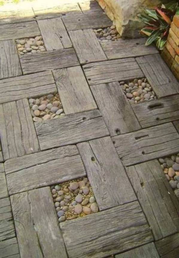 Salvaged Wood and Pebbles Garden Path Design