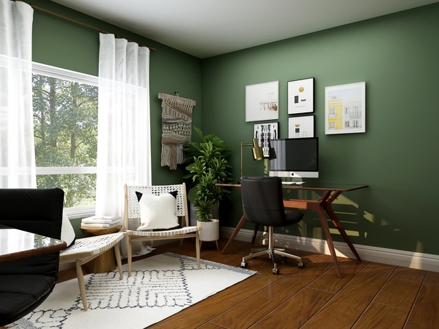 Green walls with white curtains