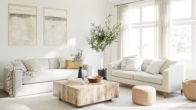 wooden coffee table with white couch