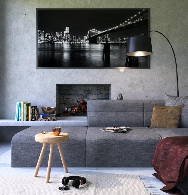 grey couch with beige carpet