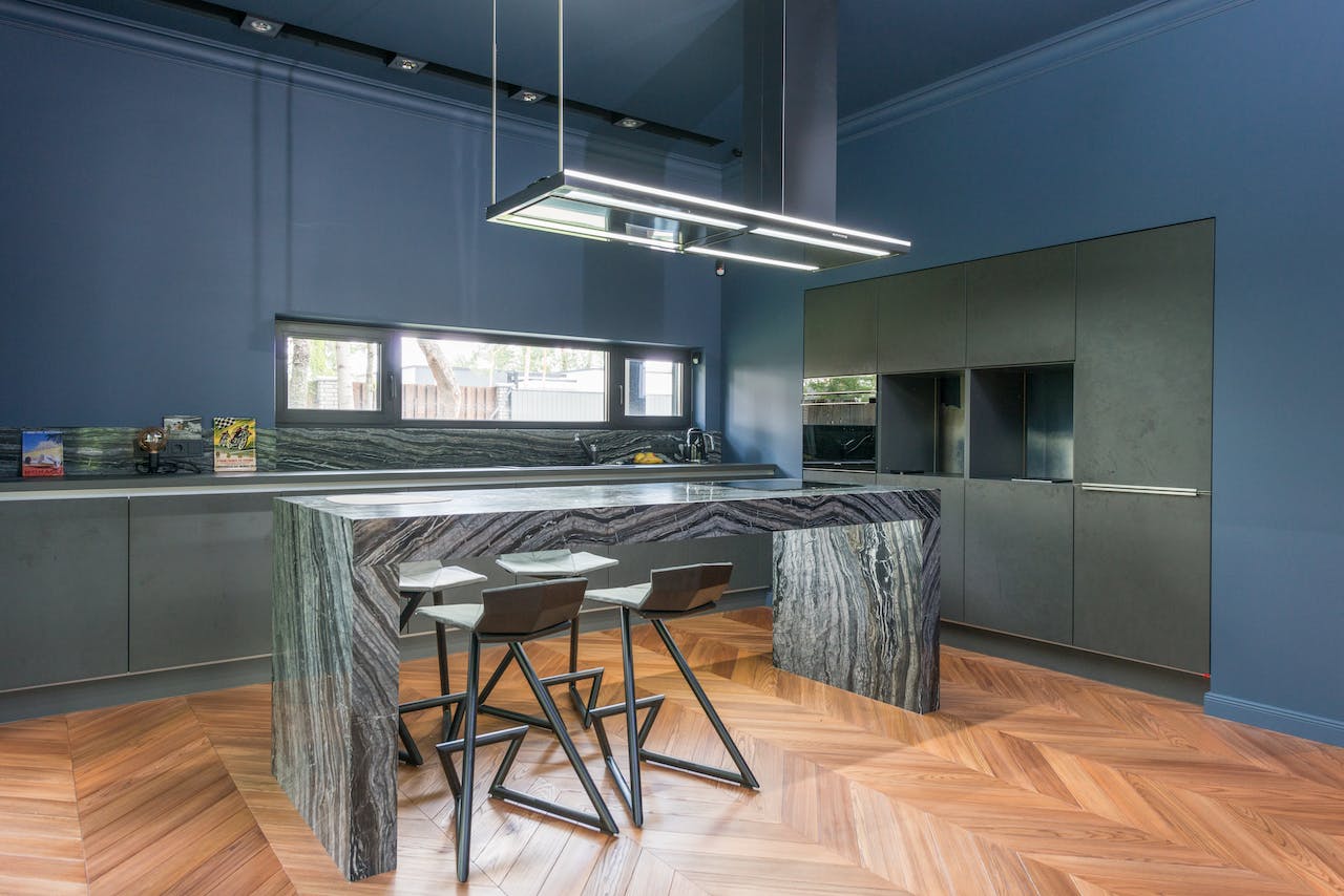 Blue grey kitchen cabinets