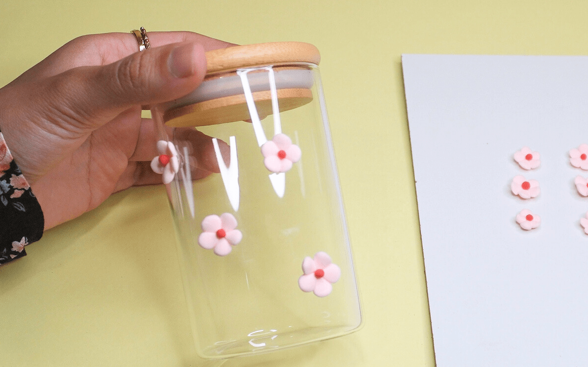 how to decorate a glass jar with clay flowers