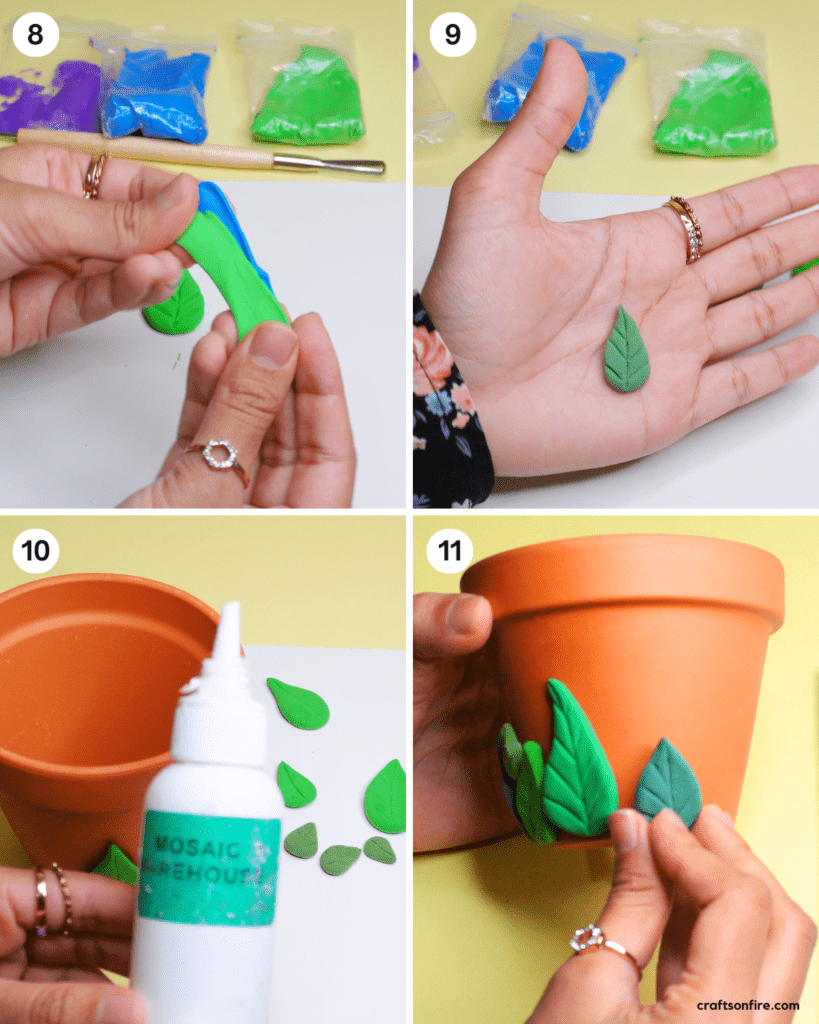 how to decorate flower pot with clay leaves