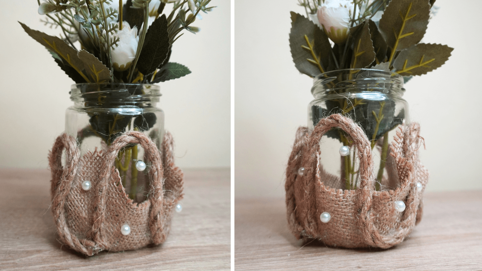 DIY glass jar decoration with rope and pearls
